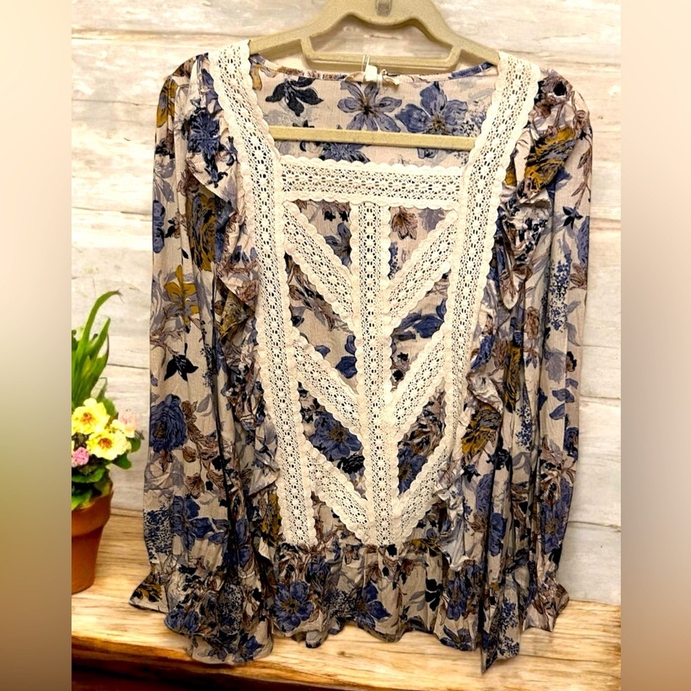 SALE! Cream Blue Floral Embroidered Long Sleeve Blouse